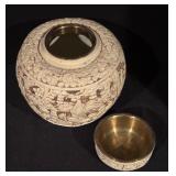 Vintage Carved Lidded Urn with Asian Motif
