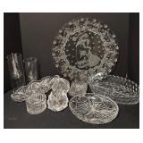 Assorted Vintage Crystal and Clear Glass Platter, Dishes and Candle Holders Collection