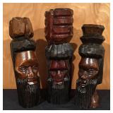 Set of 3 Vintage Carved Wooden Head Sculptures