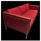 LL - Vintage Mid Century Modern Red Upholstered Sofa with Wood Frame