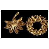 Set of 2 Avon Gold Tone Brooches Floral and Wreath Designs
