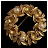 Set of 2 Avon Gold Tone Brooches Floral and Wreath Designs