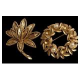 Set of 2 Avon Gold Tone Brooches Floral and Wreath Designs