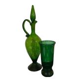 Vintage Green Glass Pitcher and Vase