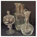 Vintage Crystal and Clear Glass Pitcher, Carafe, and Pedestal Dish