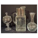 Vintage Crystal and Clear Glass Pitcher, Carafe, and Pedestal Dish