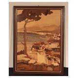 Framed Wooden Inlay Artwork of Coastal Village Scene