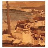 Framed Wooden Inlay Artwork of Coastal Village Scene