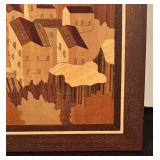 Framed Wooden Inlay Artwork of Coastal Village Scene