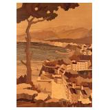 Framed Wooden Inlay Artwork of Coastal Village Scene