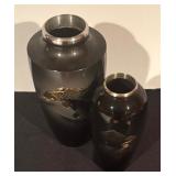 Set of 2 Japanese-Style Vases with Koi and Pagoda Design