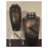 Set of 2 Japanese-Style Vases with Koi and Pagoda Design