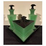 Vintage Art Deco Green and Black Glass Vanity Set