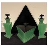 Vintage Art Deco Green and Black Glass Vanity Set