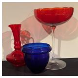 Set of 3 Vibrant Colored Glass Decor: Pedestal Bowl, Vase and Pitcher