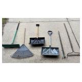 Yard Tool Collection with Shovels, Rakes, and Broom