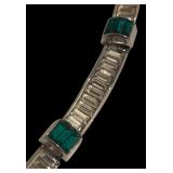 Trifari Silver Tone Necklace, Bracelet and Clip-On Earrings Set with Green and Clear Rhinestones