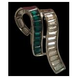 Trifari Silver Tone Necklace, Bracelet and Clip-On Earrings Set with Green and Clear Rhinestones