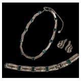 Trifari Silver Tone Necklace, Bracelet and Clip-On Earrings Set with Green and Clear Rhinestones