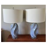 Pair of Blue Swirl Glass Table Lamps with Shades