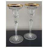Pair of Wedgwood Crystal Candle Holders with Gold Rim, 8 Inches Tall