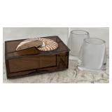 Glass Trinket Box with Nautilus Shell Accent and Pair of Art Glass Style Bud Vases