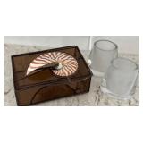 Glass Trinket Box with Nautilus Shell Accent and Pair of Art Glass Style Bud Vases