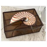 Glass Trinket Box with Nautilus Shell Accent and Pair of Art Glass Style Bud Vases