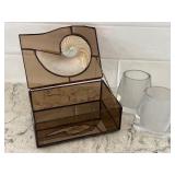 Glass Trinket Box with Nautilus Shell Accent and Pair of Art Glass Style Bud Vases