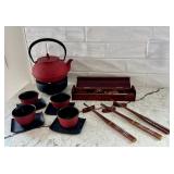 Japanese Cast Iron Tea Set with Cups, Teapot, Trays, and Chopsticks in Box