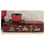 Japanese Cast Iron Tea Set with Cups, Teapot, Trays, and Chopsticks in Box