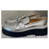 Nine West WNGGlammy Silver Chunky Loafers with Crystal Detail, Size 9