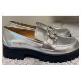 Nine West WNGGlammy Silver Chunky Loafers with Crystal Detail, Size 9