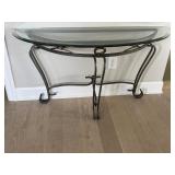 Metal and Glass Console Table with Decorative Brass Accents