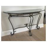 Metal and Glass Console Table with Decorative Brass Accents