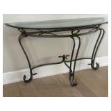 Metal and Glass Console Table with Decorative Brass Accents