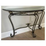 Metal and Glass Console Table with Decorative Brass Accents
