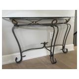 Metal and Glass Console Table with Decorative Brass Accents