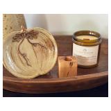K - Assorted Home Decor Collection with Wooden Tray, Pottery, and Candle Holders