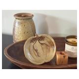 K - Assorted Home Decor Collection with Wooden Tray, Pottery, and Candle Holders
