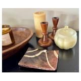 K - Assorted Home Decor Collection with Wooden Tray, Pottery, and Candle Holders