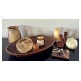 K - Assorted Home Decor Collection with Wooden Tray, Pottery, and Candle Holders