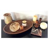 K - Assorted Home Decor Collection with Wooden Tray, Pottery, and Candle Holders
