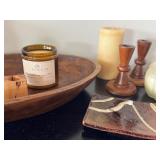 K - Assorted Home Decor Collection with Wooden Tray, Pottery, and Candle Holders
