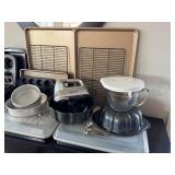K - Large Collection of Baking Supplies including Cuisinart Hand Mixer, Pans, and Bakeware