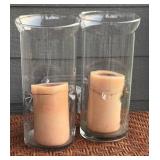 Pair of 14-Inch Glass Hurricane Candle Holders with Pillar Candles