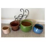 Collection of 4 Ceramic and Clay Planters with Metal Stand