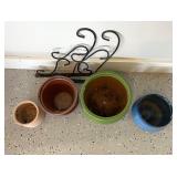 Collection of 4 Ceramic and Clay Planters with Metal Stand