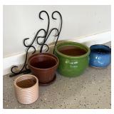 Collection of 4 Ceramic and Clay Planters with Metal Stand