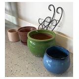 Collection of 4 Ceramic and Clay Planters with Metal Stand